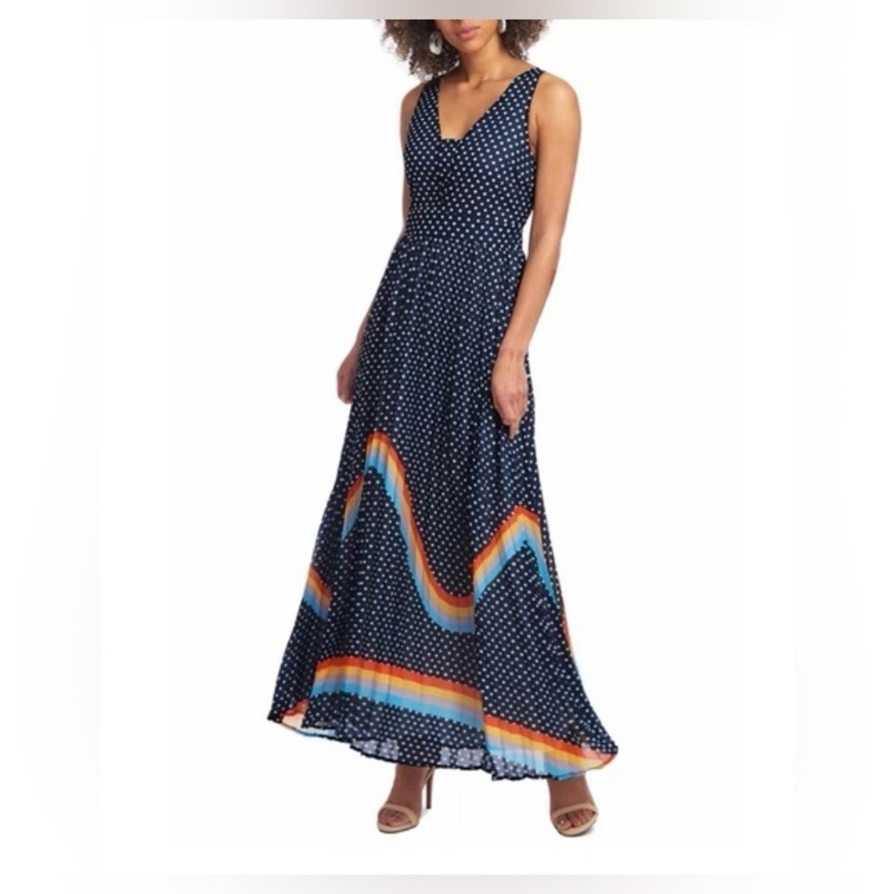 RACHEL Rachel Roy Navy Polka Dot Maxi Dress with Rainbow Stripe Hem
